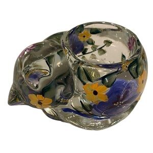 Glass Hand Painted Floral Design Curled Up Sleeping Kitty Cat Candle Holder VTG.